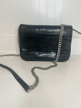 Black Croc-Embossed Chain Crossbody Bag